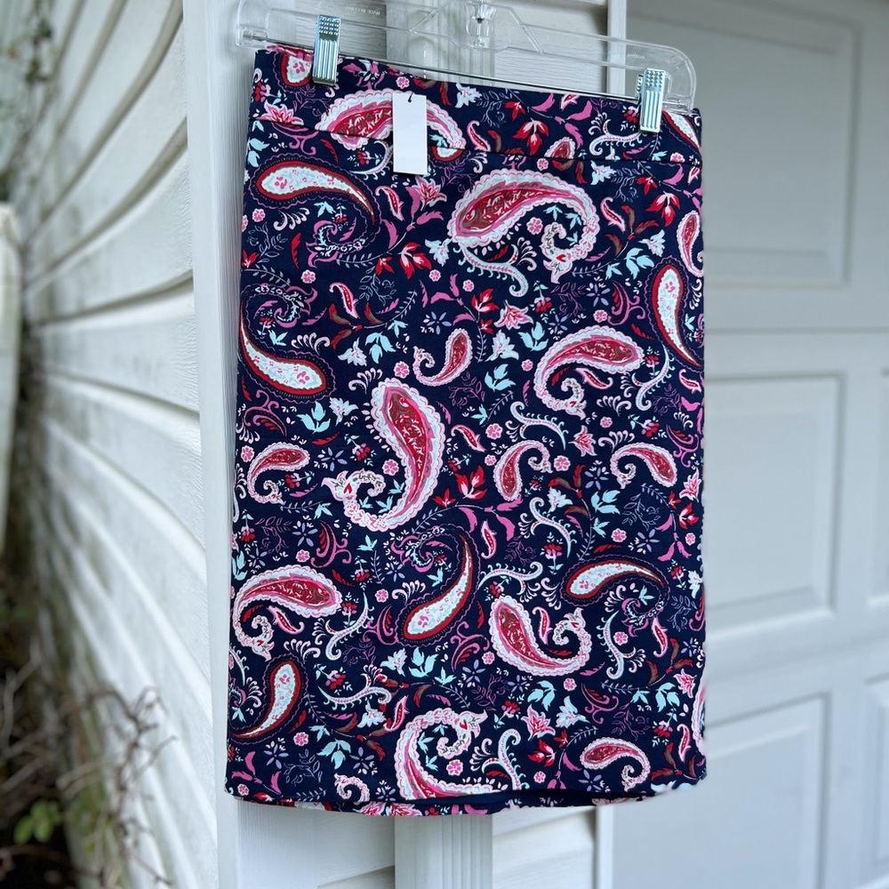 NWT Talbots Cute Navy Blue Multicolored Paisley Lined Short Pencil Skirt